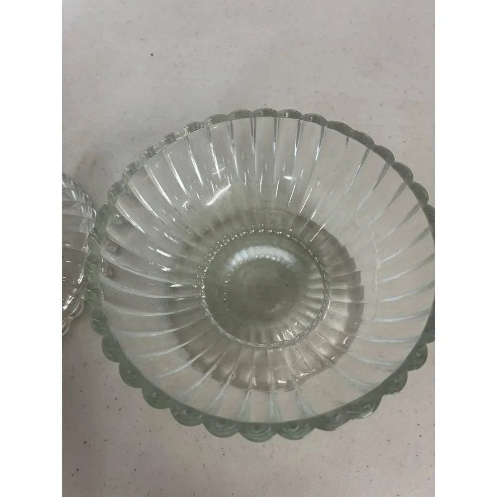 Vintage Clear Ribbed Pressed Glass Footed Candy Dish with Lid Scalloped Pedestal